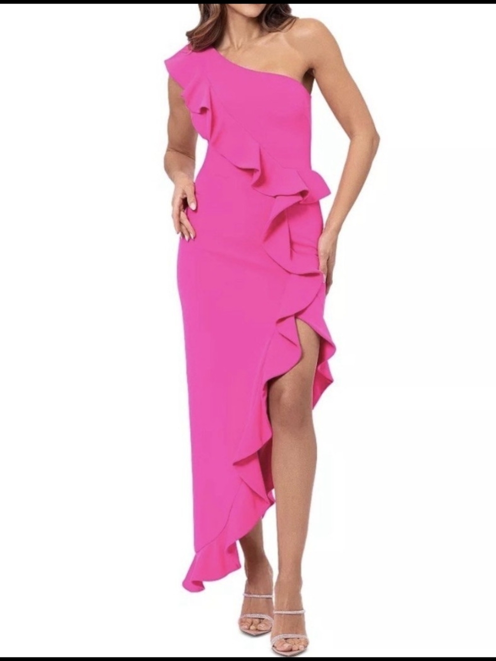 Betsy & Adam One-Shoulder Ruffle Gown in Hot Pink
